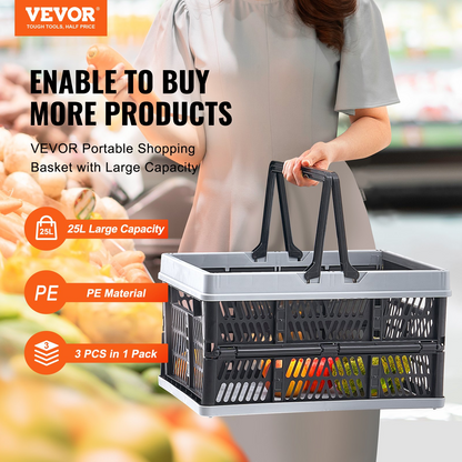 VEVOR Collapsible Shopping Basket, 3 Pack, 25L Plastic Foldable Storage Crate with Handle, Grocery Fruit Vegetable Shopping Basket Folding Storage Container for Supermarket Retail Shopping, Black