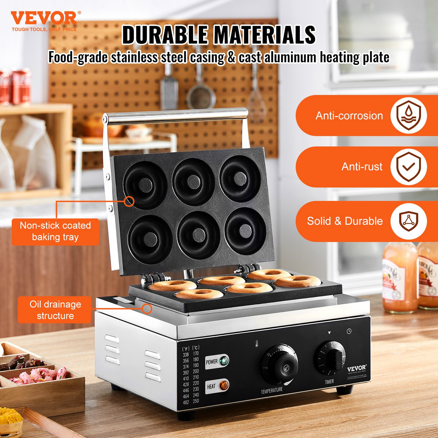 VEVOR Electric Donut Maker, 1550W Commercial Doughnut Machine with Non-stick Surface, 6 Holes Double-Sided Heating Waffle Machine Makes 6 Doughnuts, Temperature 122-572℉, for Restaurant and Home Use, Goodies N Stuff