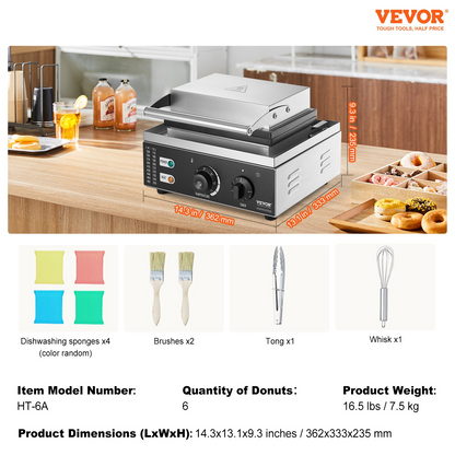 VEVOR Electric Donut Maker, 1550W Commercial Doughnut Machine with Non-stick Surface, 6 Holes Double-Sided Heating Waffle Machine Makes 6 Doughnuts, Temperature 122-572℉, for Restaurant and Home Use, Goodies N Stuff