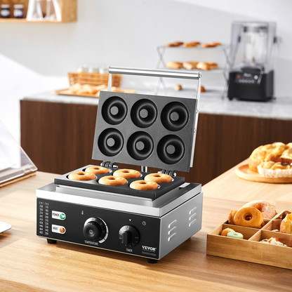 VEVOR Electric Donut Maker, 1550W Commercial Doughnut Machine with Non-stick Surface, 6 Holes Double-Sided Heating Waffle Machine Makes 6 Doughnuts, Temperature 122-572℉, for Restaurant and Home Use, Goodies N Stuff