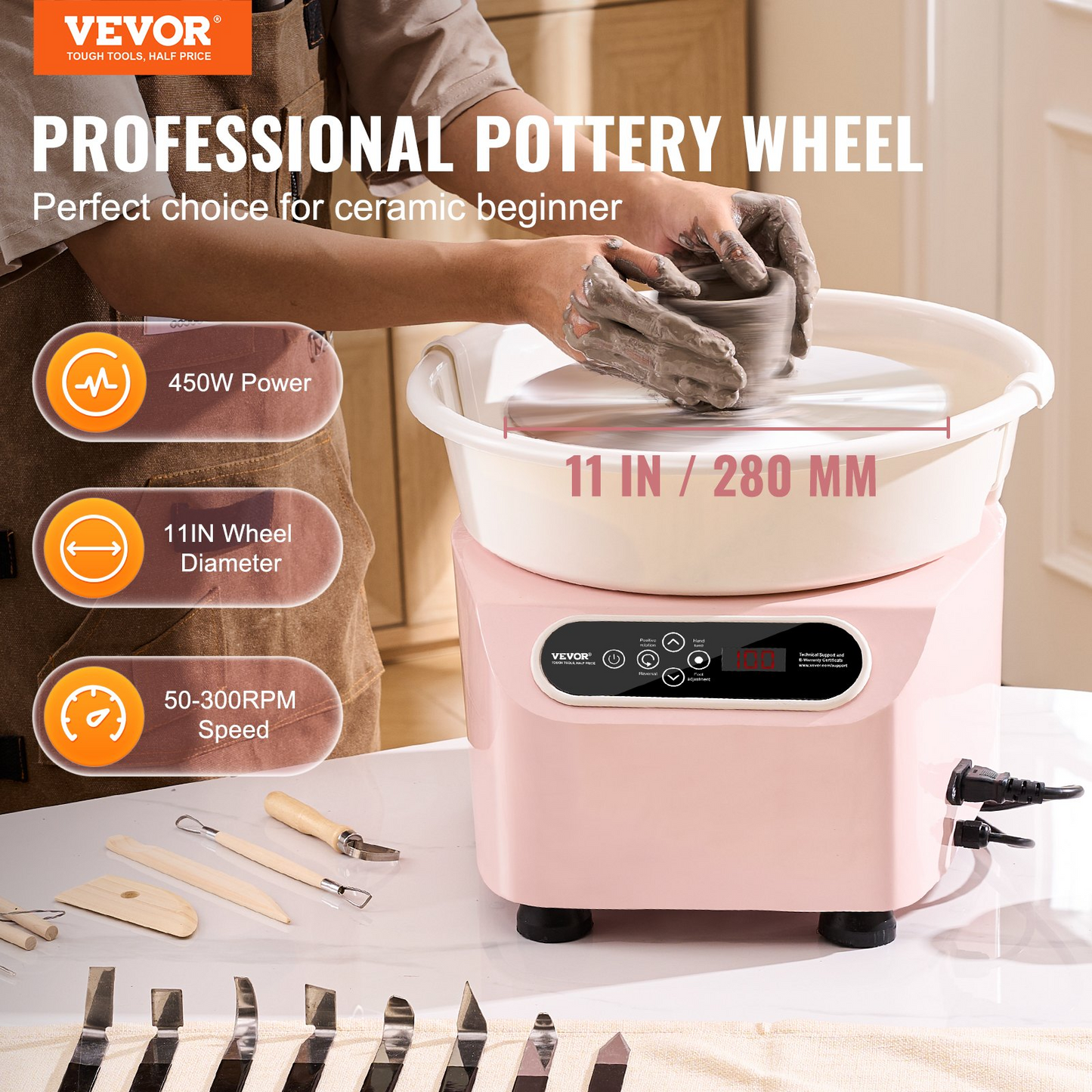 VEVOR Pottery Wheel, 11 inch Pottery Forming Machine, 450W Electric Wheel for Pottery with Foot Pedal and LCD Touch Screen, Direct Drive Ceramic Wheel with Shaping Tools for DIY Art Craft, Pink, Goodies N Stuff