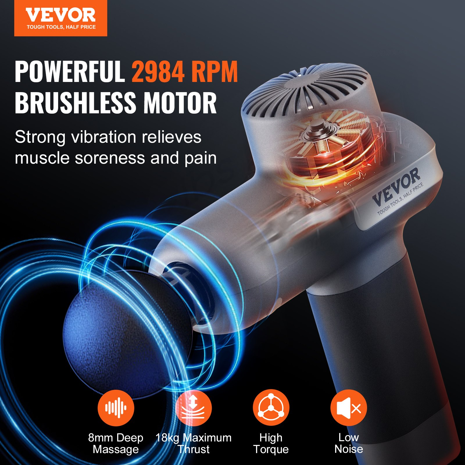 VEVOR Massage Gun Deep Tissue, Percussion Muscle Massager for Athletes - with 5 Speed Levels & 6 Massage Heads, 7.4V 2500mAh Batteries, Handheld Electric Massage Gun for Pain Relief, Muscle Relaxation, Goodies N Stuff