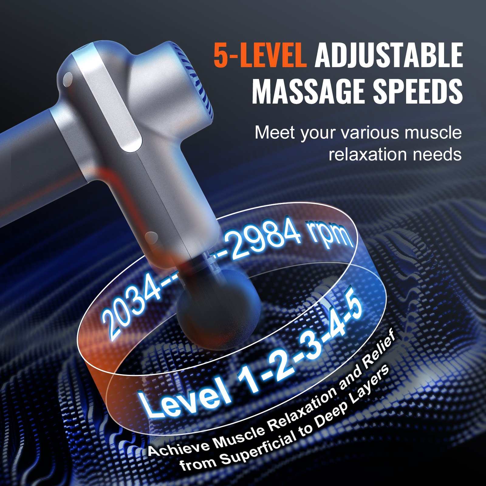 VEVOR Massage Gun Deep Tissue, Percussion Muscle Massager for Athletes - with 5 Speed Levels & 6 Massage Heads, 7.4V 2500mAh Batteries, Handheld Electric Massage Gun for Pain Relief, Muscle Relaxation, Goodies N Stuff