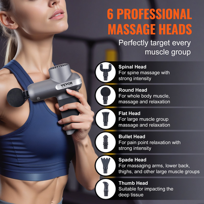 VEVOR Massage Gun Deep Tissue, Percussion Muscle Massager for Athletes - with 5 Speed Levels & 6 Massage Heads, 7.4V 2500mAh Batteries, Handheld Electric Massage Gun for Pain Relief, Muscle Relaxation, Goodies N Stuff