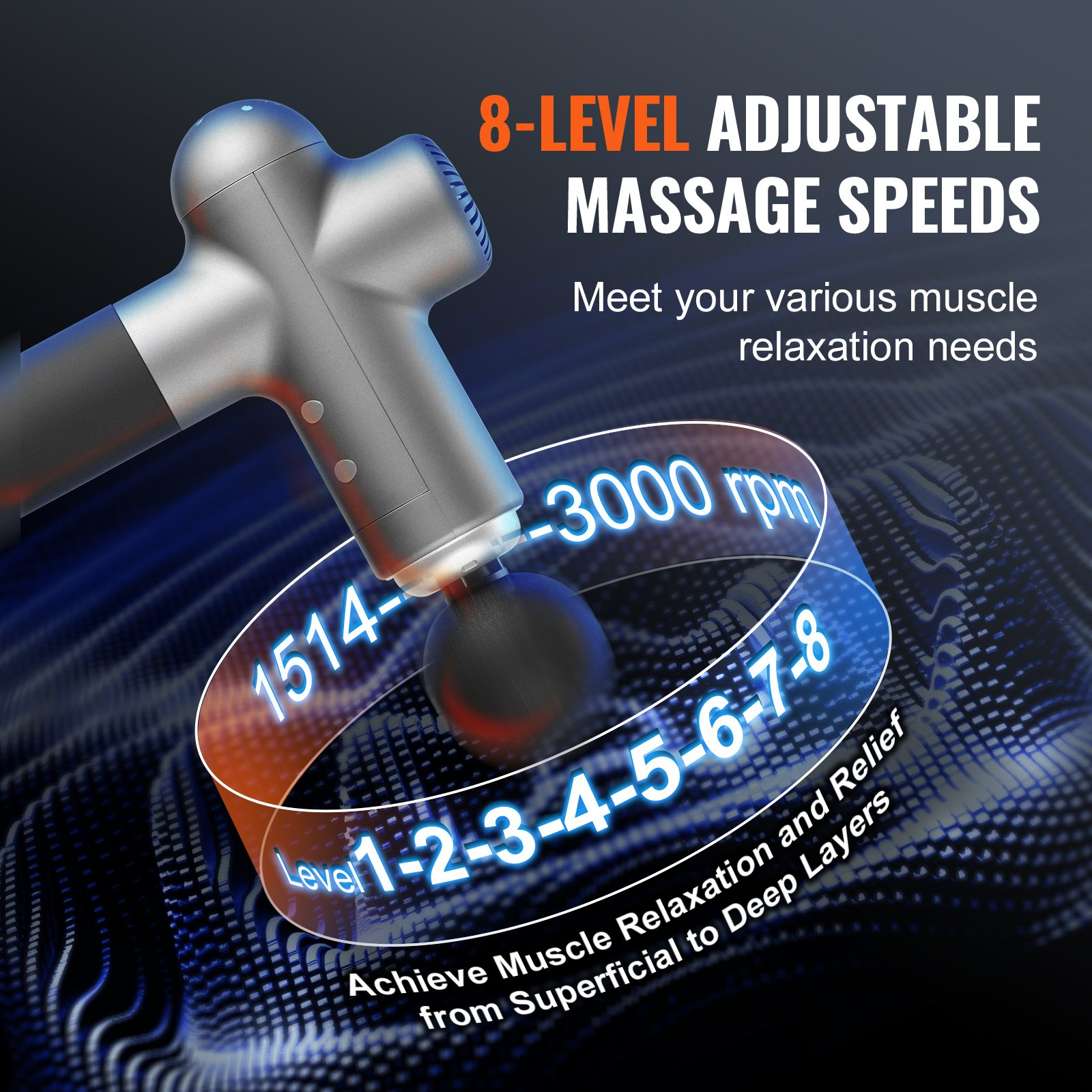 VEVOR Massage Gun Deep Tissue, Percussion Muscle Massager for Athletes - with 8 Speed Levels & 6 Massage Heads, 24V 2500mAh Batteries, Handheld Electric Massage Gun for Pain Relief, Muscle Relaxation, Goodies N Stuff