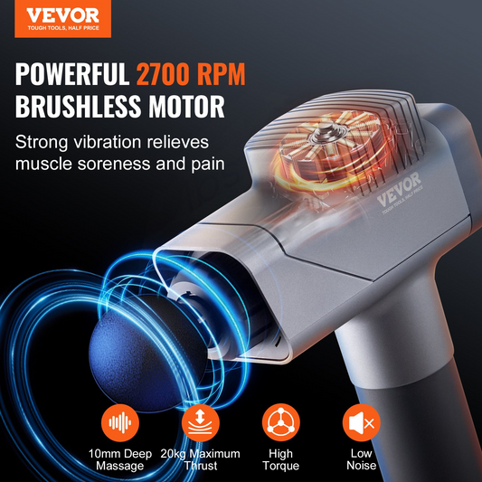 VEVOR Massage Gun Deep Tissue, Percussion Muscle Massager for Athletes - with 8 Speed Levels & 6 Massage Heads, 16V 2500mAh Batteries, Handheld Electric Massage Gun for Pain Relief, Muscle Relaxation, Goodies N Stuff