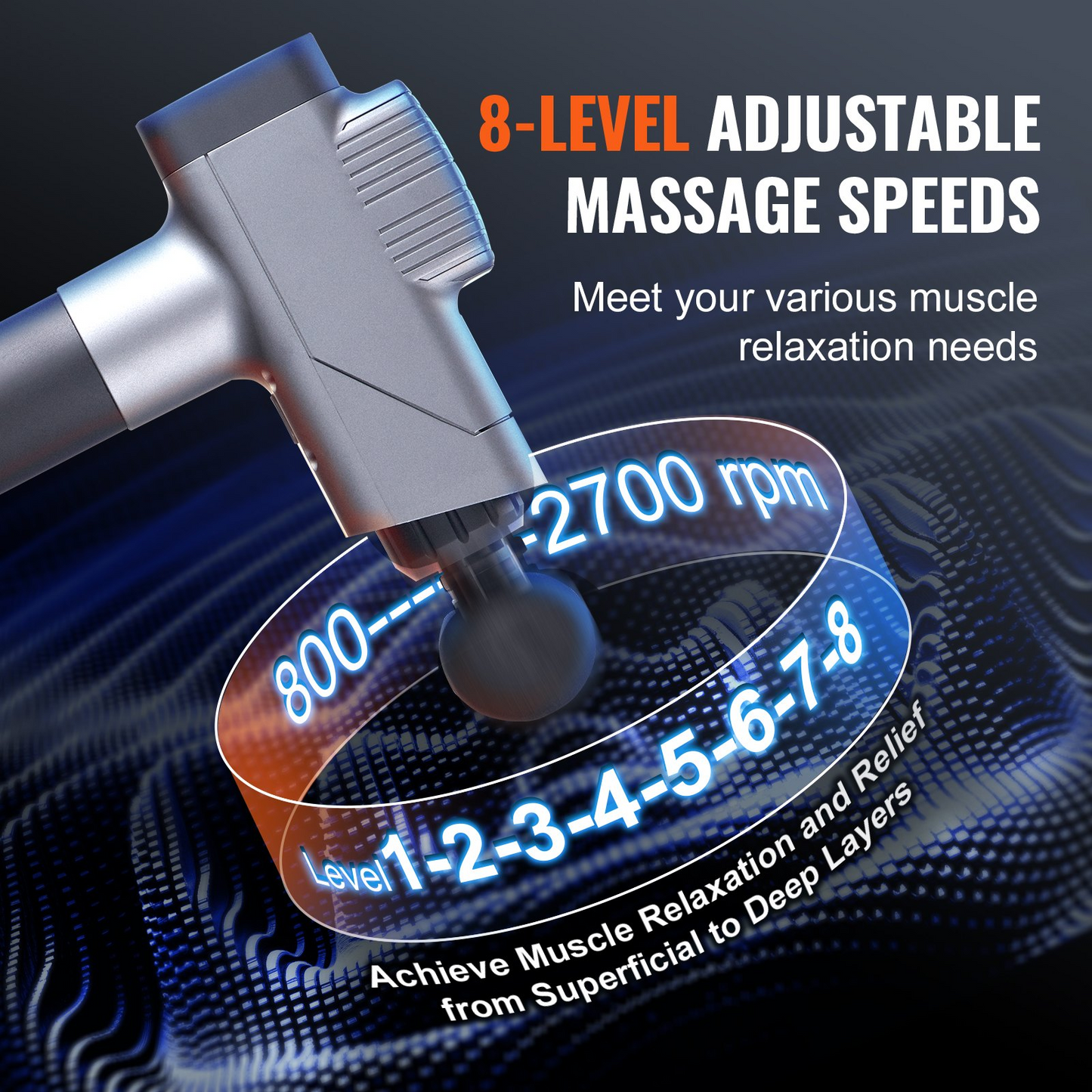 VEVOR Massage Gun Deep Tissue, Percussion Muscle Massager for Athletes - with 8 Speed Levels & 6 Massage Heads, 16V 2500mAh Batteries, Handheld Electric Massage Gun for Pain Relief, Muscle Relaxation, Goodies N Stuff