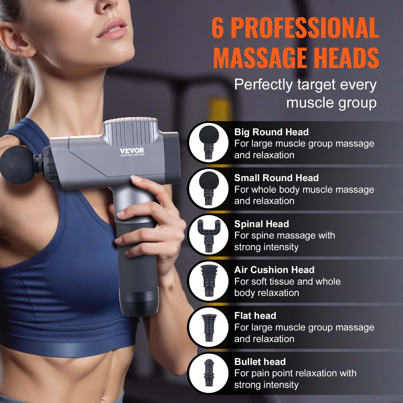 VEVOR Massage Gun Deep Tissue, Percussion Muscle Massager for Athletes - with 8 Speed Levels & 6 Massage Heads, 16V 2500mAh Batteries, Handheld Electric Massage Gun for Pain Relief, Muscle Relaxation, Goodies N Stuff