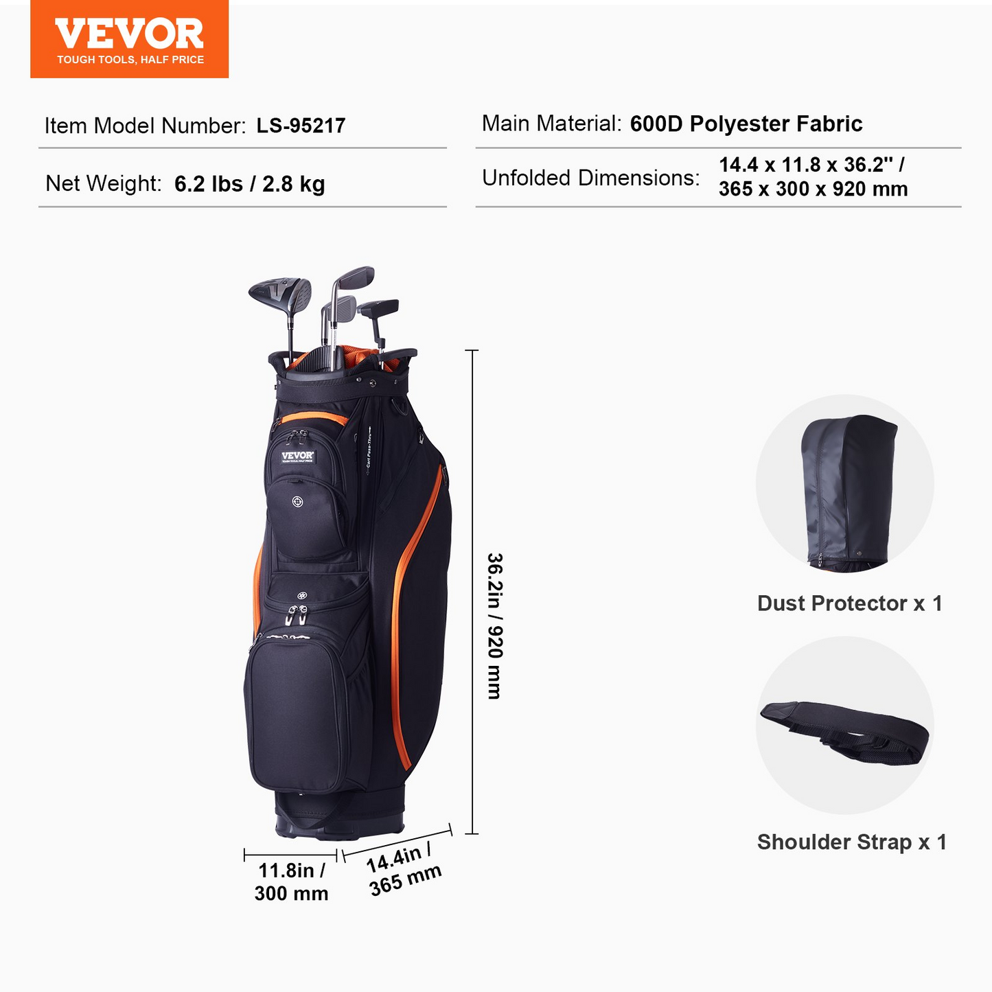 VEVOR Golf Cart Bag with 14 Way Organizer Divider Top, 36” 13 Pockets Premium Cart Bag, Durable Golf Bags with Handles & Dust Cover & Detachable Straps for Men & Women, Black & Orange, Goodies N Stuff