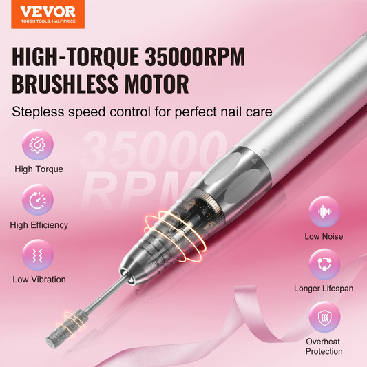 VEVOR Electric Cordless Nail Drill - with High-Torque 35000RRM Brushless Motor, Rechargeable Nail E File Machine with 6 Bits & 50PCS Sanding Band for Acrylic Gel Nails, Portable Manicure Pedicure Tool, Goodies N Stuff