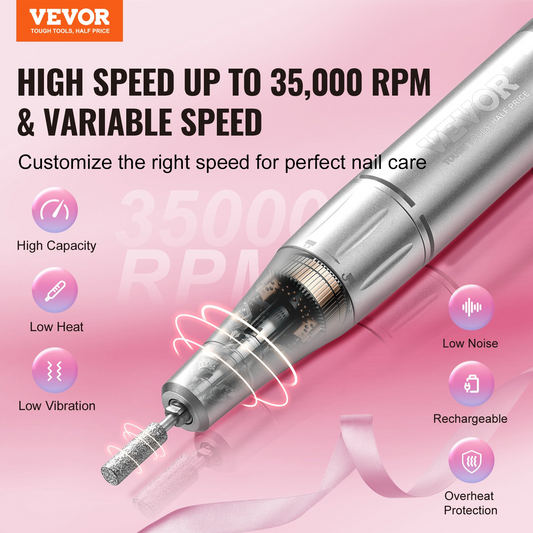 VEVOR Electric Rechargeable Nail Drill, 35,000RPM Portable Cordless Nail E File Machine, LCD-Display Acrylic Gel Grinder Tool with 6 Bits and 50PCS Sanding Bands for Manicure Pedicure Carve Polish, Goodies N Stuff