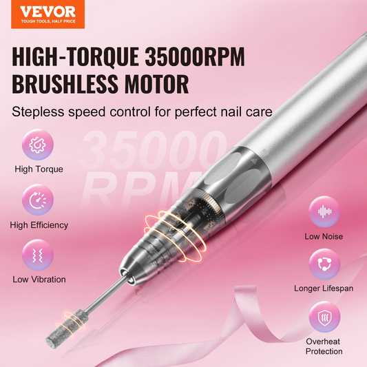 VEVOR Electric Cordless Nail Drill - with 35000RRM Brushless Motor and Charging Base, Rechargeable Nail E File Machine with 6 Bit & 50PCS Sanding Band for Acrylic Gel Nail, Manicure Pedicure Polishing, Goodies N Stuff