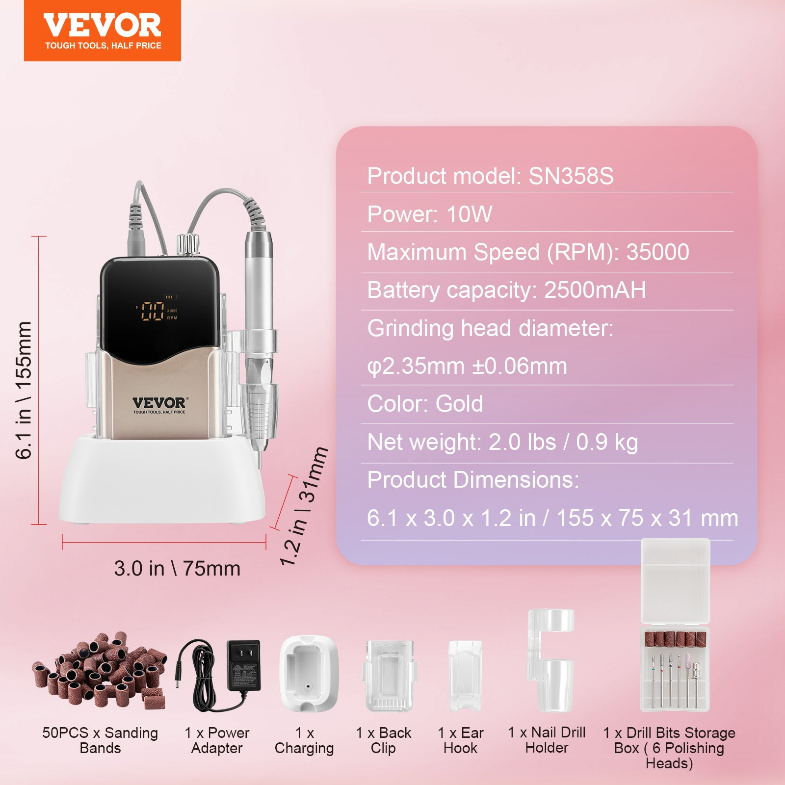 VEVOR Electric Cordless Nail Drill - with 35000RRM Brushless Motor and Charging Base, Rechargeable Nail E File Machine with 6 Bit & 50PCS Sanding Band for Acrylic Gel Nail, Manicure Pedicure Polishing, Goodies N Stuff