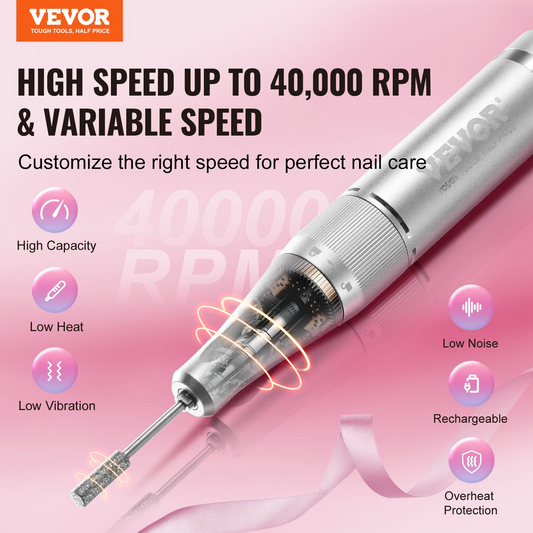 VEVOR Electric Rechargeable Nail Drill, 40,000RPM Portable Cordless Nail E File Machine, LCD-Display Acrylic Gel Grinder Tool with 6 Bits and 50PCS Sanding Bands for Manicure Pedicure Carve Polish, Goodies N Stuff