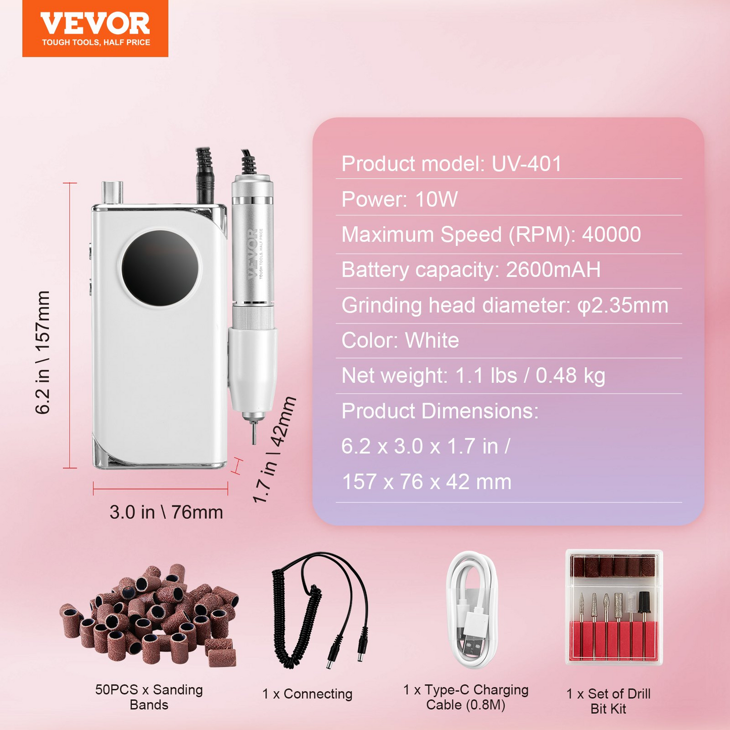 VEVOR Electric Rechargeable Nail Drill, 40,000RPM Portable Cordless Nail E File Machine, LCD-Display Acrylic Gel Grinder Tool with 6 Bits and 50PCS Sanding Bands for Manicure Pedicure Carve Polish, Goodies N Stuff
