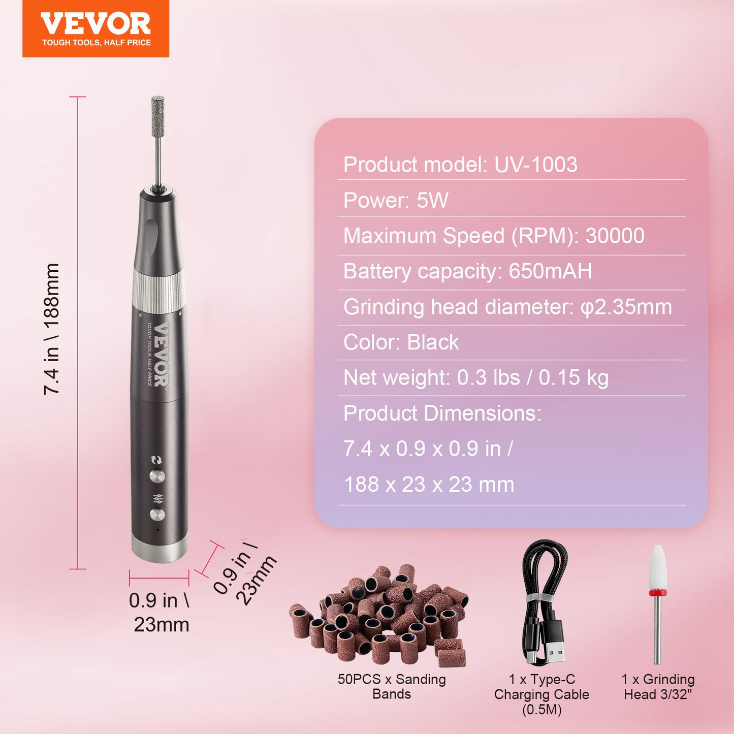 VEVOR Electric Cordless Nail Drill, 30,000RPM Variable-Speed Rechargeable Nail E File Machine, Portable Manicure Pedicure Polisher with 50PCS Sanding Bands for Dead Skin Removal, Nail Surface Smooth, Goodies N Stuff