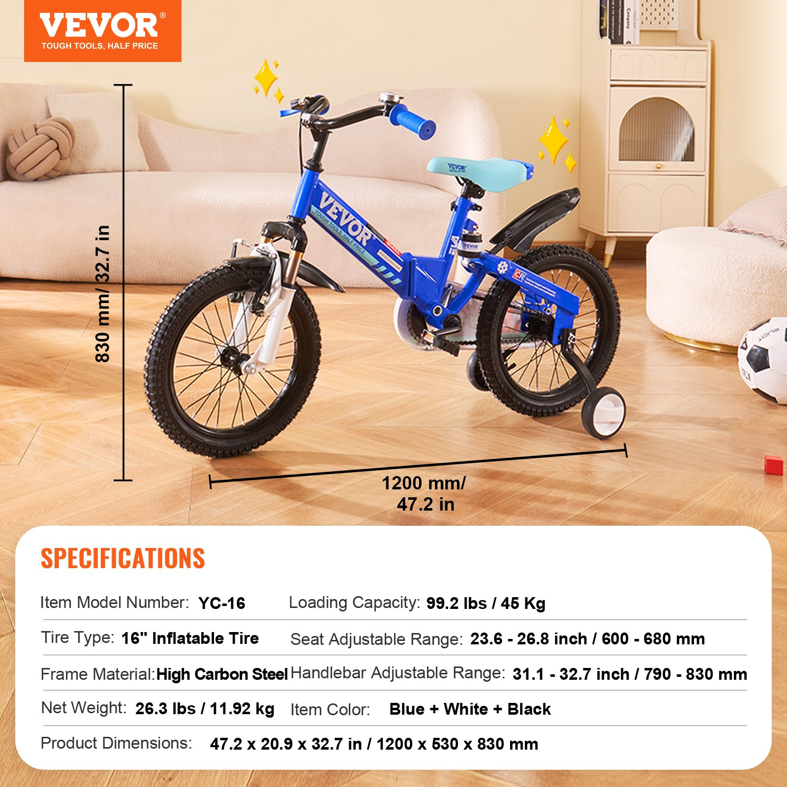 VEVOR Folding Toddler Balance Bike, 16" High-Carbon Steel Kids Bike with Adjustable Seat & Handlebar, Inflatable Tires, Portable Kids Balance Bicycle Gift for 5-8 Years Boys Girls, 99LBS Support, Goodies N Stuff