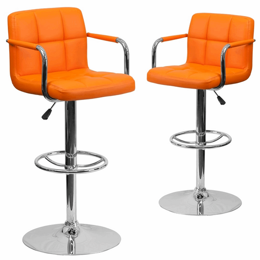 2 Pk. Orange Quilted Vinyl Adjustable Height Barstool with Arms and Chrome Base, Goodies N Stuff