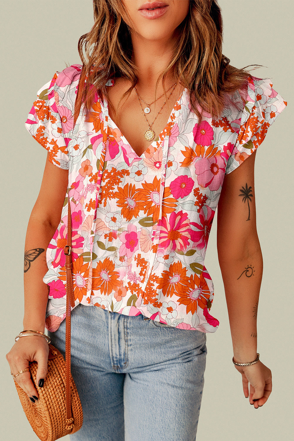 E2 | Joy Split V Neck Ruffle Sleeve Floral Blouse | S-2/4, Goodies N Stuff