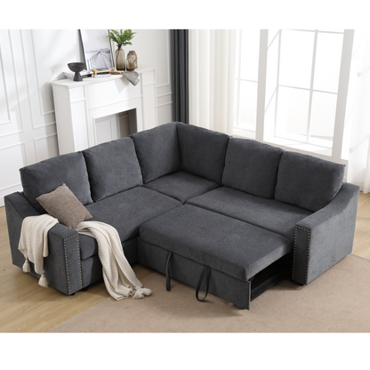 L-shaped sofa with pull-out sofa bed, Corner Sofa,comfortable living room furniture set, sleeper sofa bed,Corner seat for two with broaching sofa,Rivet DeChenille,Gray, Goodies N Stuff