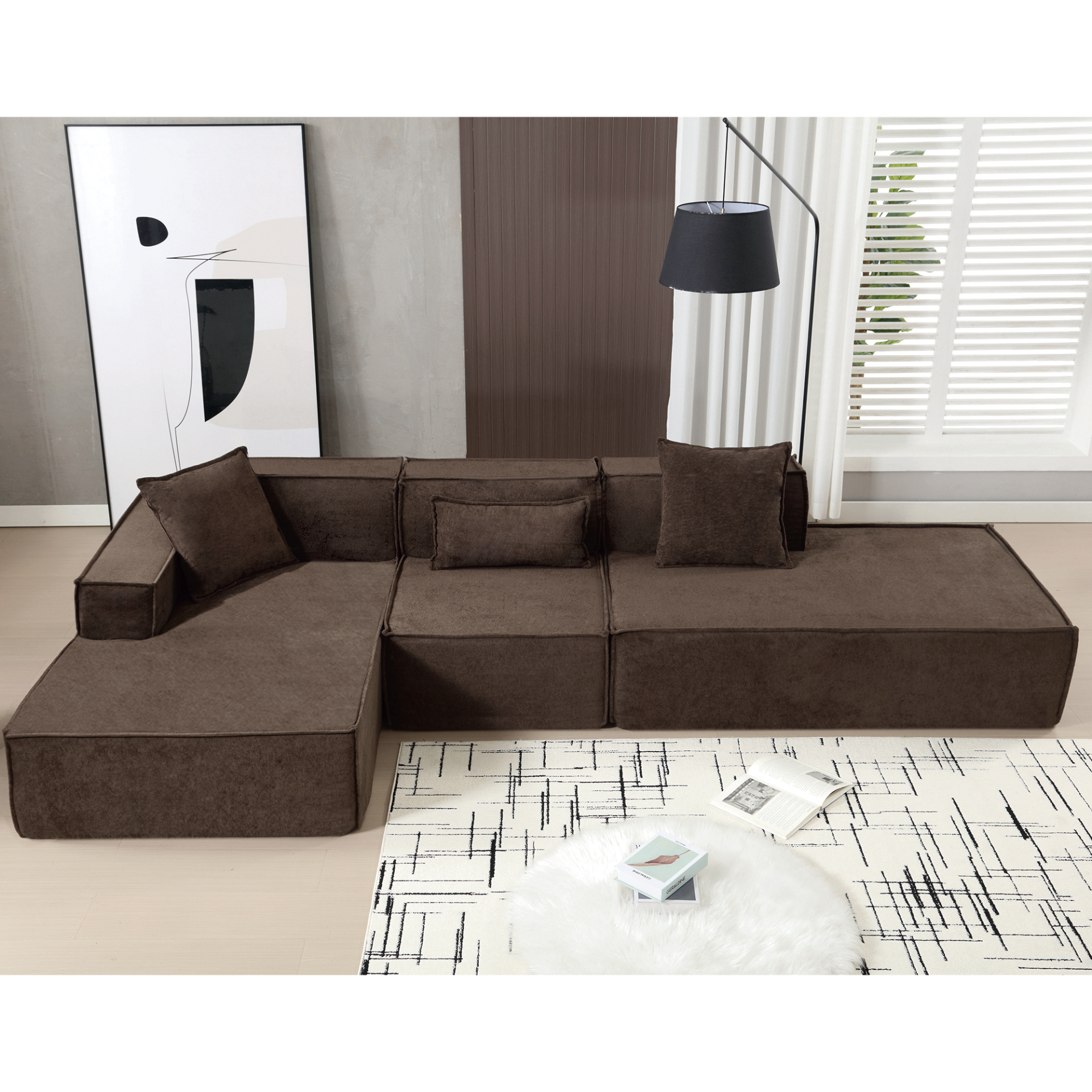 Modular combination living room sofa set, modern minimalist sofa, free installation sofa, L-shaped, Italian minimalist tofu block sofa, Left-Hand Facing,Dark brown, Goodies N Stuff