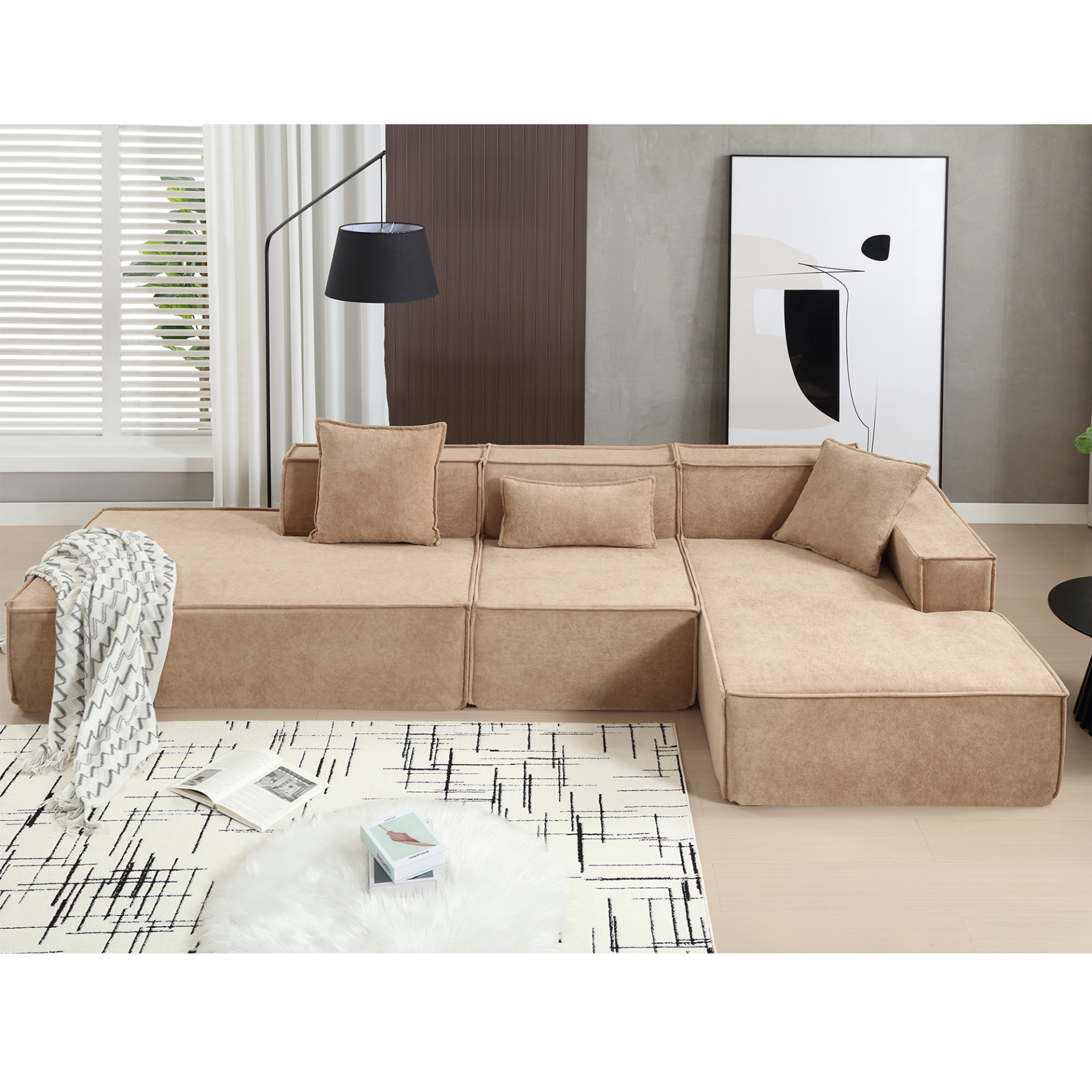 Modular combination living room sofa set, modern minimalist sofa, free installation sofa, L-shaped, Italian minimalist tofu block sofa,  Right-Hand Facing,Light Brown, Goodies N Stuff