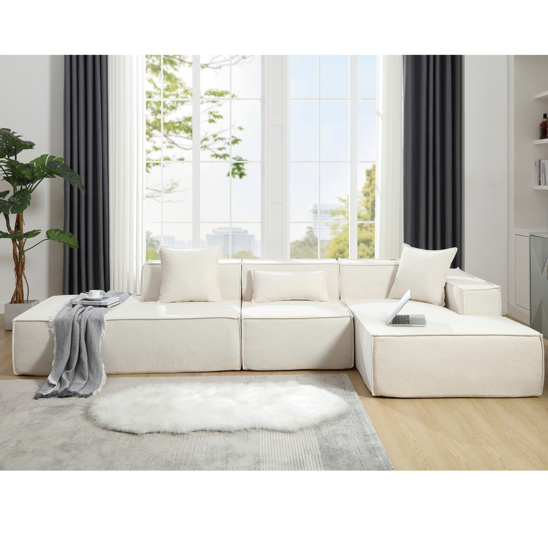 Modular combination living room sofa set, modern minimalist sofa, free installation sofa, L-shaped, Italian minimalist tofu block sofa, Beige, Goodies N Stuff