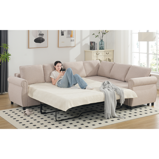 Sleeper Sofa, 2 in 1 Pull Out Couch Bed,6 seater sofa bed, L Shaped Sleeper Sectional Sofa Couch,Riveted sofa,104'' Large combined sofa Bed in living room, Beige, Goodies N Stuff