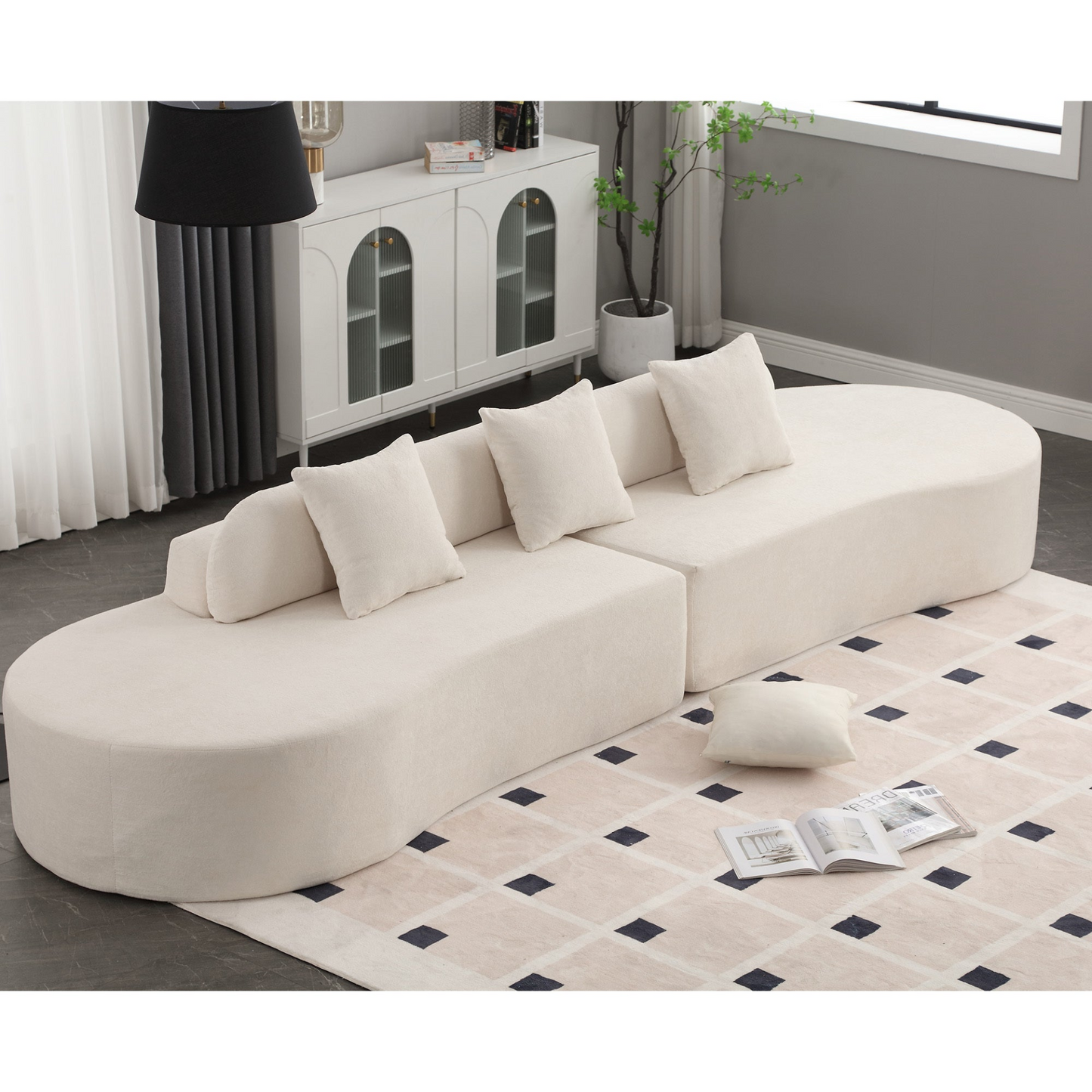 Modern curved combination sofa, terrycloth fabric sofa, minimalist sofa in living room, apartment, no assembly required, three  pillows,Beige, Goodies N Stuff