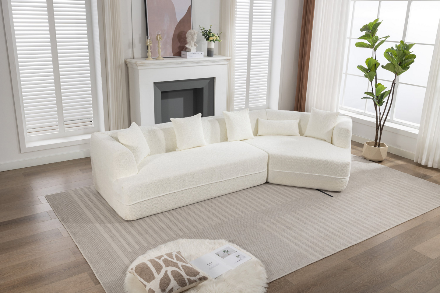 Modular Living room sofa set, modern minimalist style sofa, salon upholstered sleeper sofa, 2 PC free combination, round fiber fabric, anti-wrinkle fabric, creamy-white, Goodies N Stuff