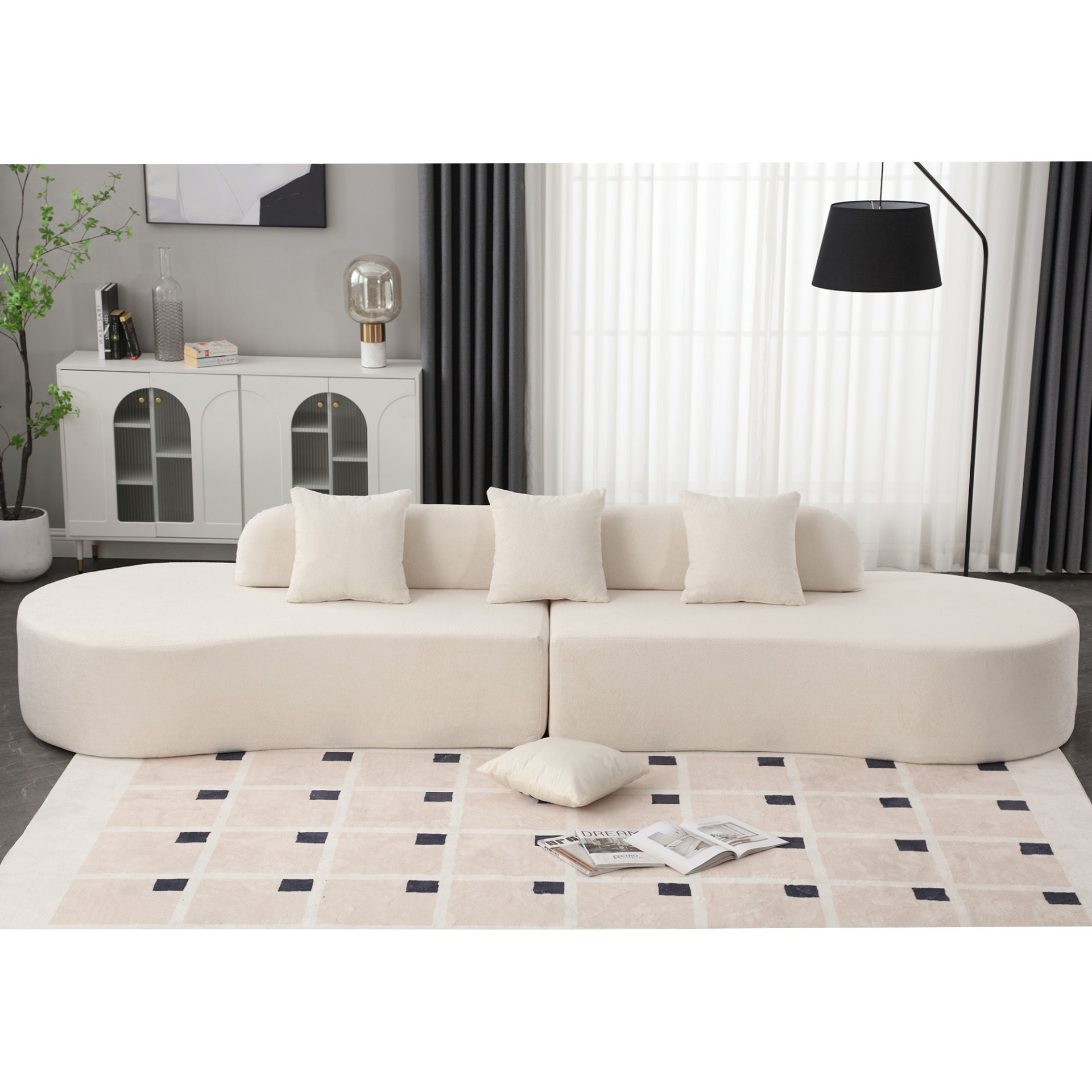 Modern curved combination sofa, terrycloth fabric sofa, minimalist sofa in living room, apartment, no assembly required, three  pillows,Beige, Goodies N Stuff