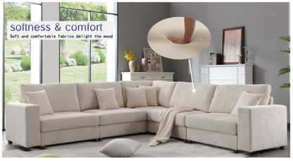 Oversized Modular Sectional Sofa Set,Corduroy Upholstered Deep Seat Comfy Sofa   Beige, Goodies N Stuff