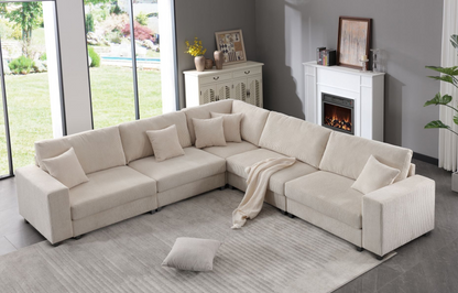 Oversized Modular Sectional Sofa Set,Corduroy Upholstered Deep Seat Comfy Sofa   Beige, Goodies N Stuff