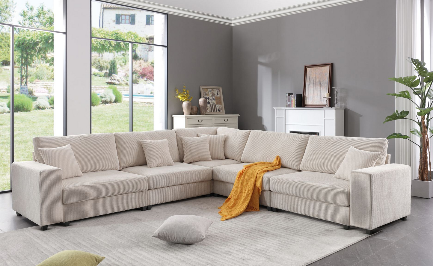 Oversized Modular Sectional Sofa Set,Corduroy Upholstered Deep Seat Comfy Sofa   Beige, Goodies N Stuff