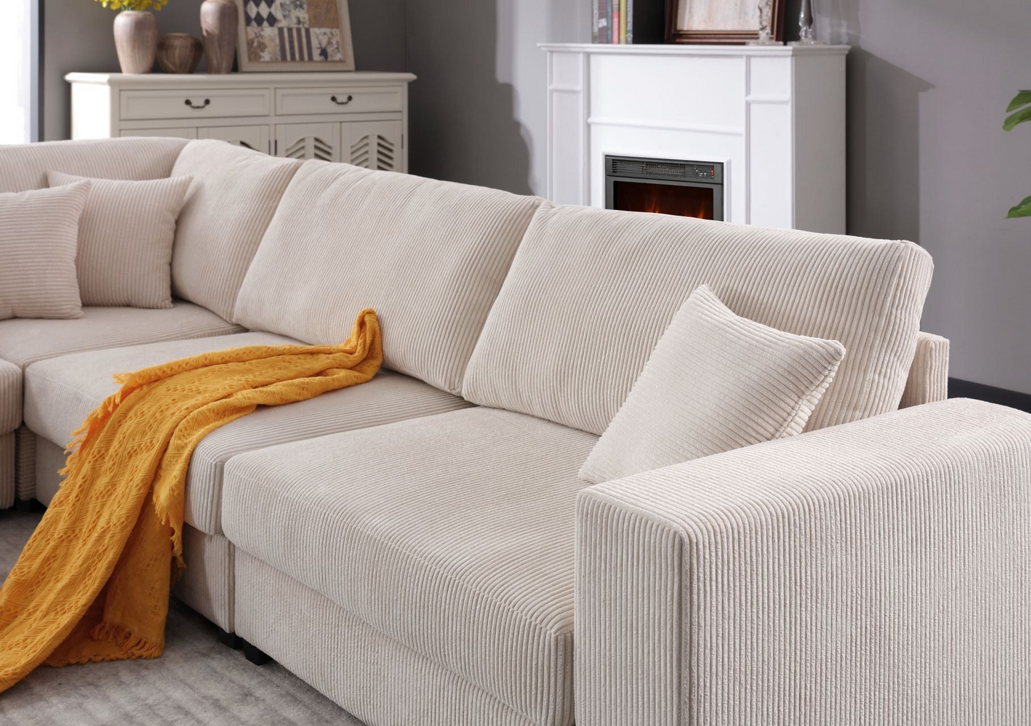 Oversized Modular Sectional Sofa Set,Corduroy Upholstered Deep Seat Comfy Sofa   Beige, Goodies N Stuff