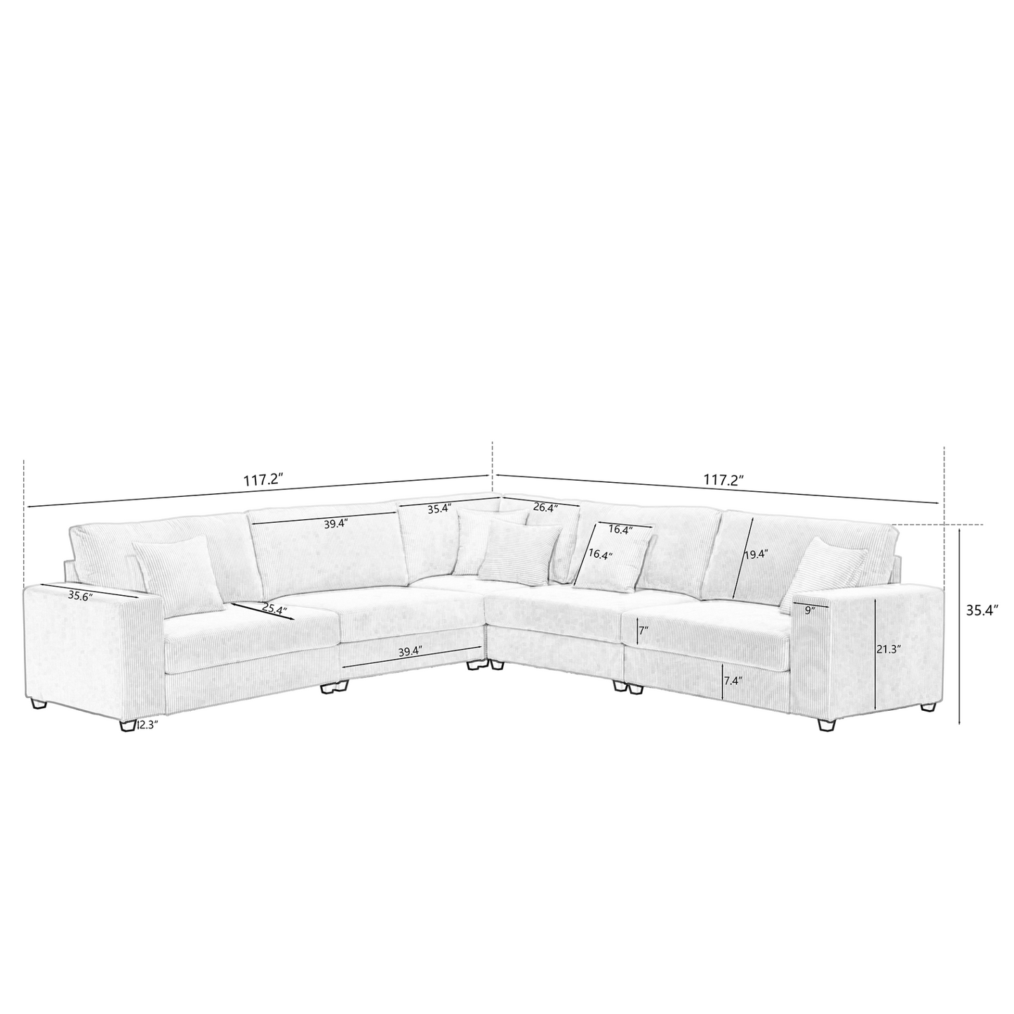 Oversized Modular Sectional Sofa Set,Corduroy Upholstered Deep Seat Comfy Sofa   Beige, Goodies N Stuff