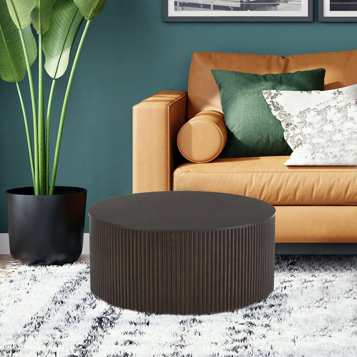 Handmade Round Coffee Table side Table End Table, Fraxinus mandshurica +MDF, Smoky Color, 27.55inch *13.77inch, Goodies N Stuff