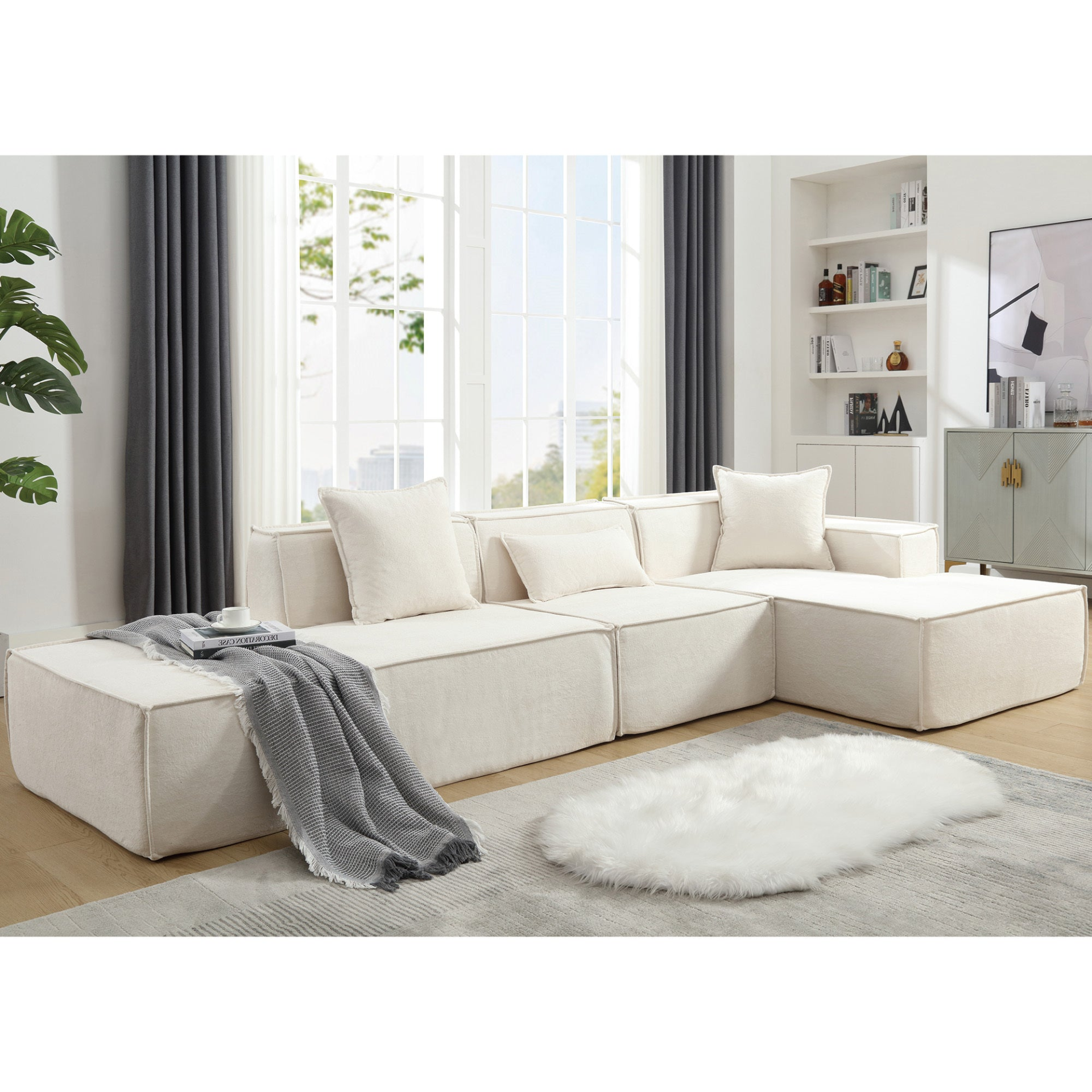 Modular combination living room sofa set, modern minimalist sofa, free installation sofa, L-shaped, Italian minimalist tofu block sofa, Beige, Goodies N Stuff