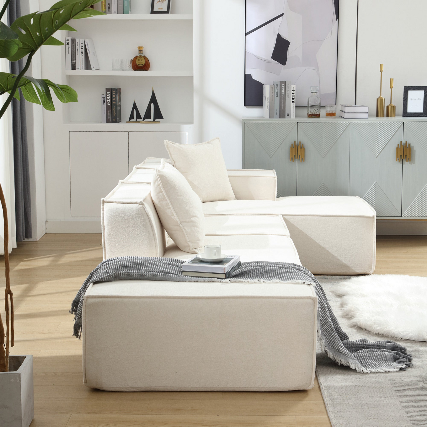 Modular combination living room sofa set, modern minimalist sofa, free installation sofa, L-shaped, Italian minimalist tofu block sofa, Beige, Goodies N Stuff