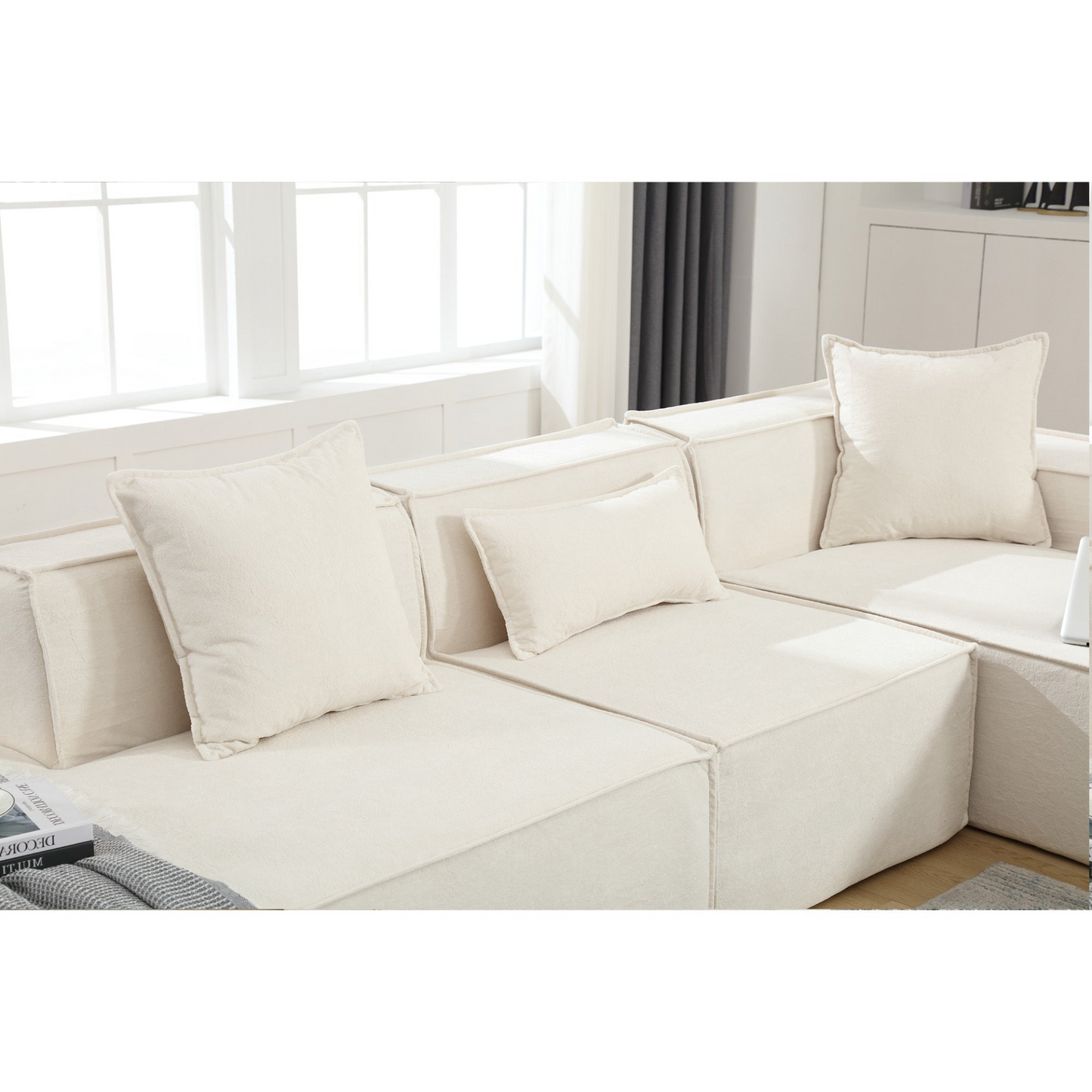 Modular combination living room sofa set, modern minimalist sofa, free installation sofa, L-shaped, Italian minimalist tofu block sofa, Beige, Goodies N Stuff