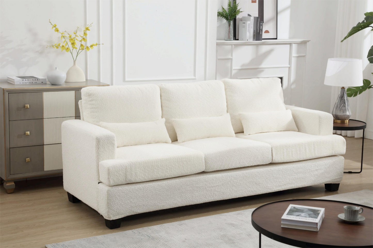 88.4" Length Modern Sofas Couches for Living Room, Sofas & couches with Square Armrest, Removable back Cushion and 3pcs waist pillow  (White&Gray Fabric), Goodies N Stuff