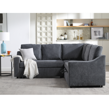 L-shaped sofa with pull-out sofa bed, Corner Sofa,comfortable living room furniture set, sleeper sofa bed,Corner seat for two with broaching sofa,Rivet DeChenille,Gray, Goodies N Stuff