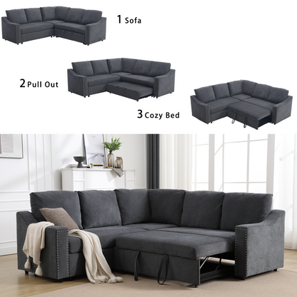 L-shaped sofa with pull-out sofa bed, Corner Sofa,comfortable living room furniture set, sleeper sofa bed,Corner seat for two with broaching sofa,Rivet DeChenille,Gray, Goodies N Stuff