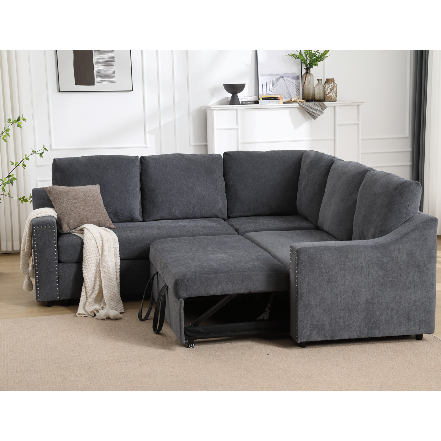 L-shaped sofa with pull-out sofa bed, Corner Sofa,comfortable living room furniture set, sleeper sofa bed,Corner seat for two with broaching sofa,Rivet DeChenille,Gray, Goodies N Stuff