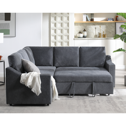 L-shaped sofa with pull-out sofa bed, Corner Sofa,comfortable living room furniture set, sleeper sofa bed,Corner seat for two with broaching sofa,Rivet DeChenille,Gray, Goodies N Stuff