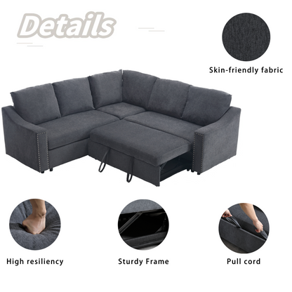 L-shaped sofa with pull-out sofa bed, Corner Sofa,comfortable living room furniture set, sleeper sofa bed,Corner seat for two with broaching sofa,Rivet DeChenille,Gray, Goodies N Stuff