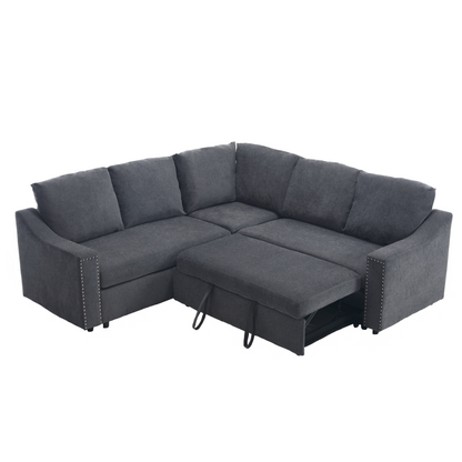 L-shaped sofa with pull-out sofa bed, Corner Sofa,comfortable living room furniture set, sleeper sofa bed,Corner seat for two with broaching sofa,Rivet DeChenille,Gray, Goodies N Stuff