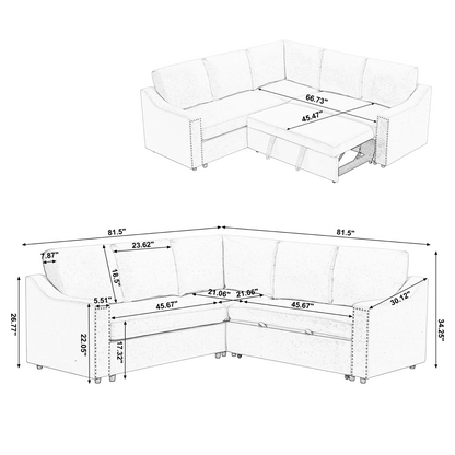 L-shaped sofa with pull-out sofa bed, Corner Sofa,comfortable living room furniture set, sleeper sofa bed,Corner seat for two with broaching sofa,Rivet DeChenille,Gray, Goodies N Stuff