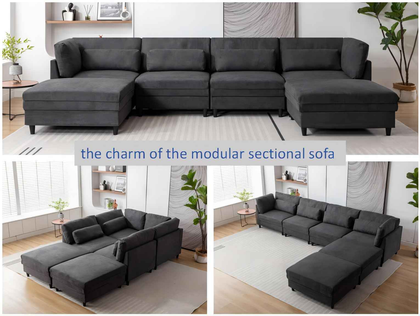 Oversized Modular Sectional Fabric Sofa Set with 6pcs Pillows, Extra Large U Shaped Couch with Reversible Chaise, 145 inch Long, 6 Seat Modular Sofa with  Ottamans, Goodies N Stuff