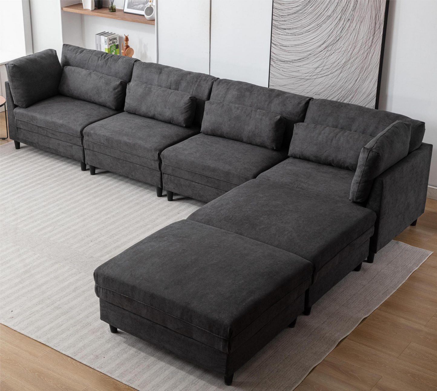 Oversized Modular Sectional Fabric Sofa Set with 6pcs Pillows, Extra Large U Shaped Couch with Reversible Chaise, 145 inch Long, 6 Seat Modular Sofa with  Ottamans, Goodies N Stuff